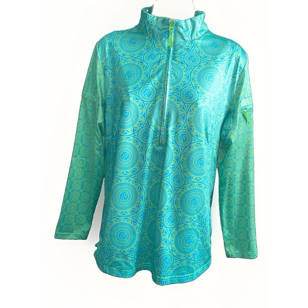 Gretchen Scott M Green Blue Medallion Quarter Zip Pullover Top Golf Tennis